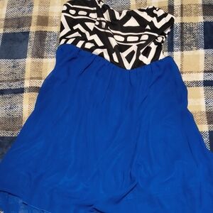Renee C. Blue Skirt with Black and White Patterned Top